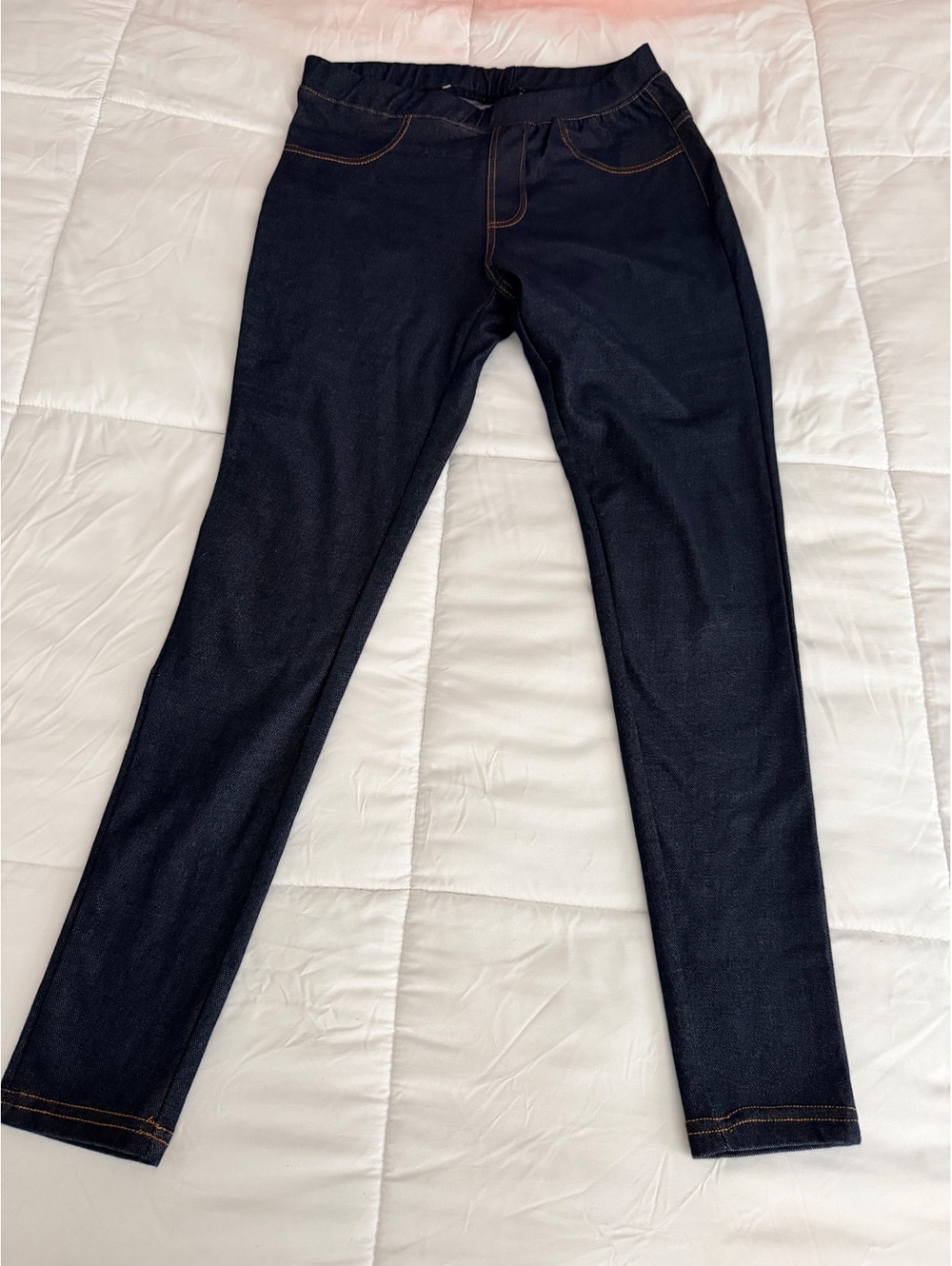 Dark Blue Denim Leggings with Elastic Waist and Stitch Detal